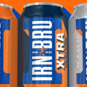 From left to right, an IRN BRU can, an IRN BRU Xtra can, and a IRN BRU Zero can