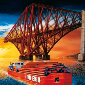 generated image of boat carrying Irn Bru with red bridge in background