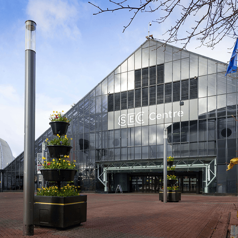 Front view of the SEC Centre on a clear day