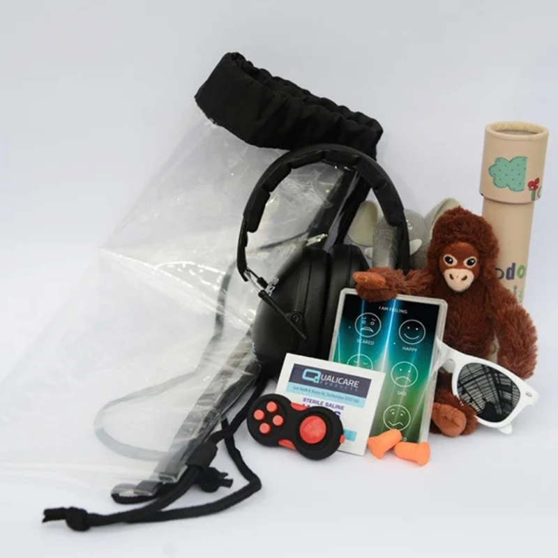 image of sensory backpack with fidget toy, sensory distraction, earplugs/ear defenders and a feelings card