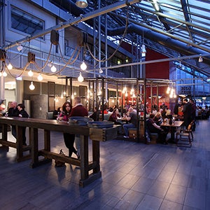 Overlooking people at tables in Clydebuilt.