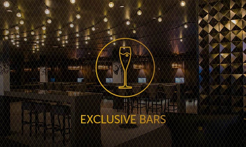 Image of a bar and bar tables with Exclusive Bars text and icon overlay.