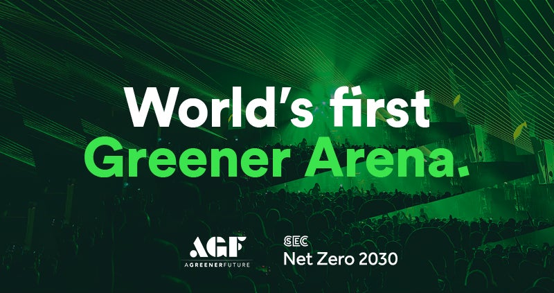 World's first greener arena graphic with image of a crowd at the OVO Hydro.